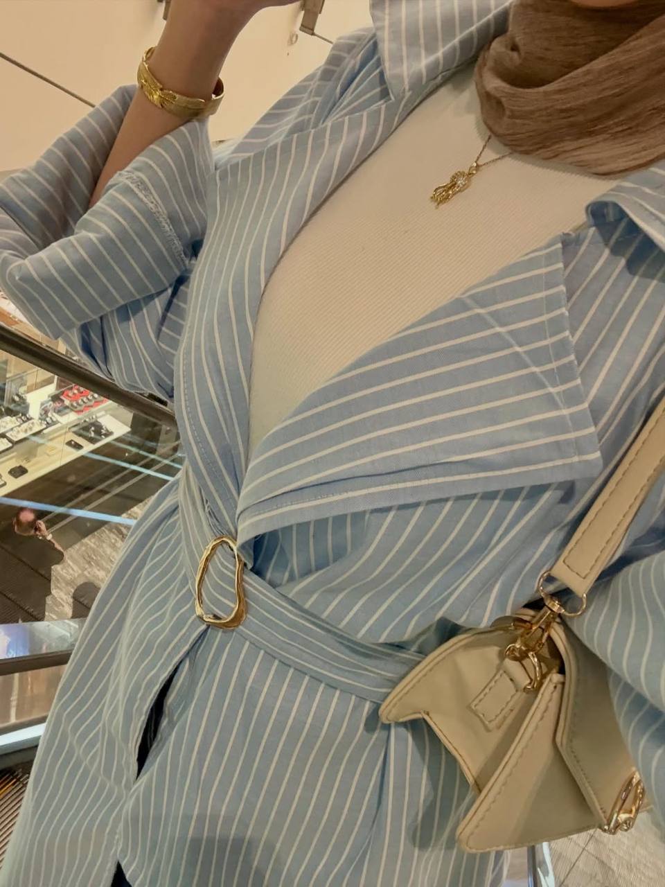 Sky Blue Belted Striped Shirt