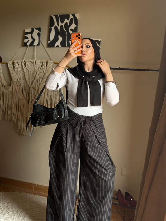 Foldover Pinstripe Pants - Black