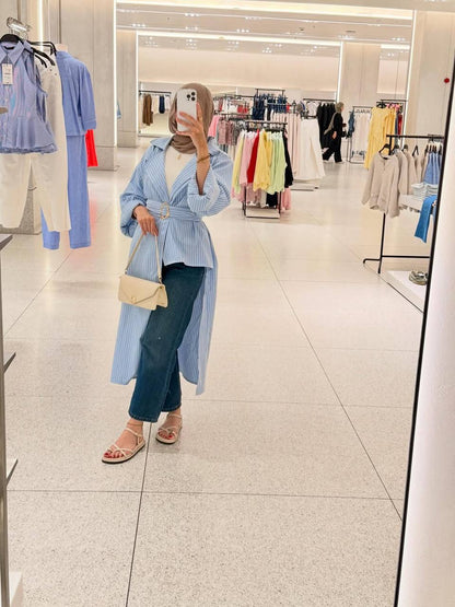 Sky Blue Belted Striped Shirt