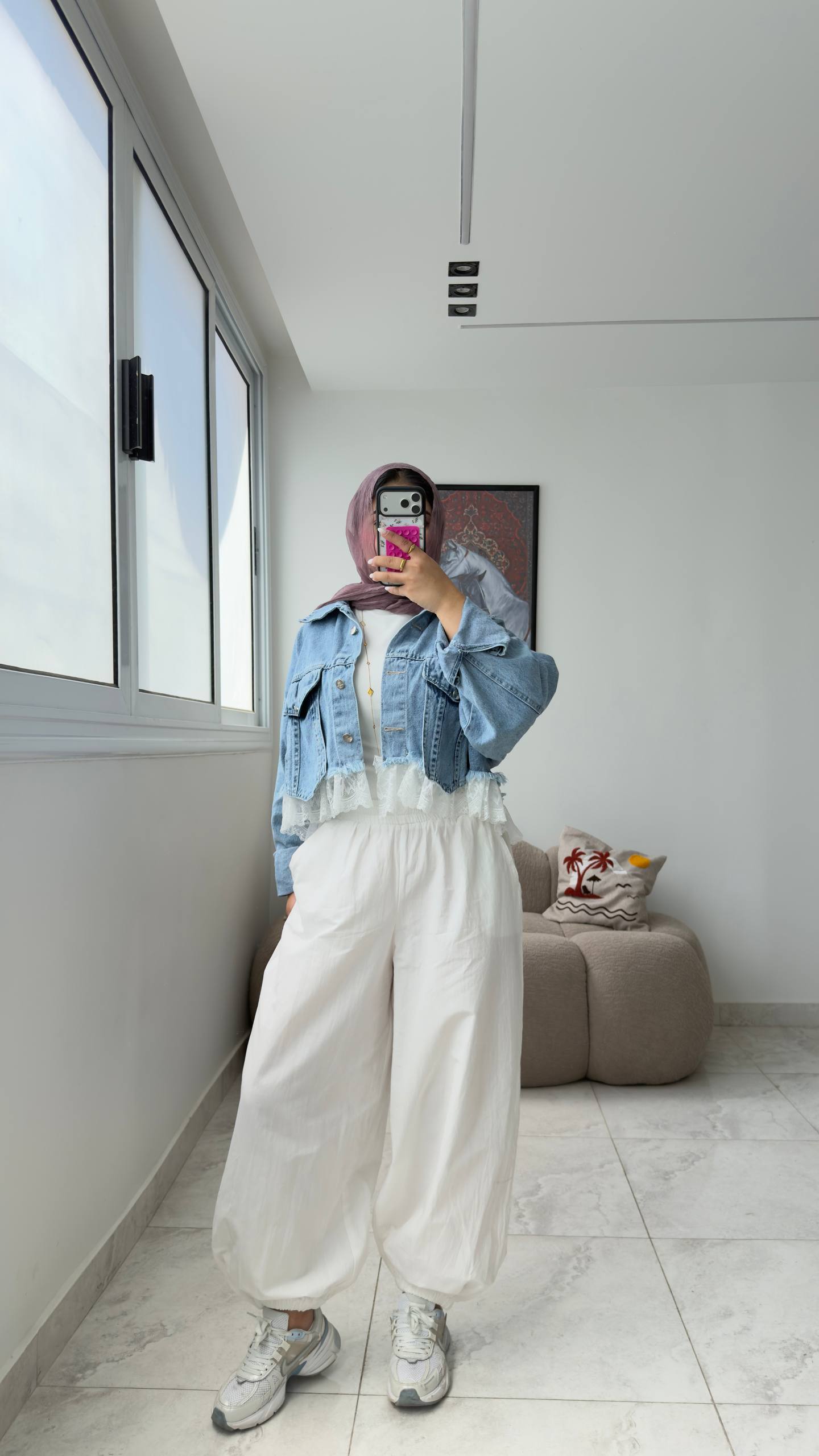 Cropped Denim Jacket with Lace Hem