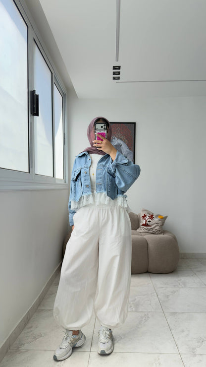 Cropped Denim Jacket with Lace Hem