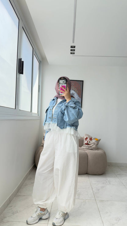 Cropped Denim Jacket with Lace Hem