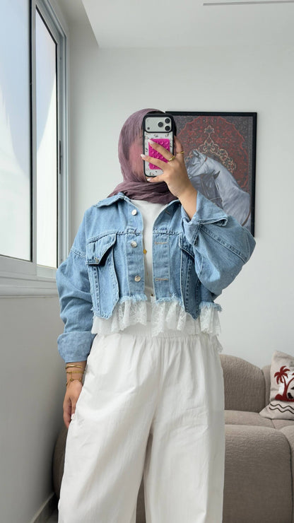 Cropped Denim Jacket with Lace Hem