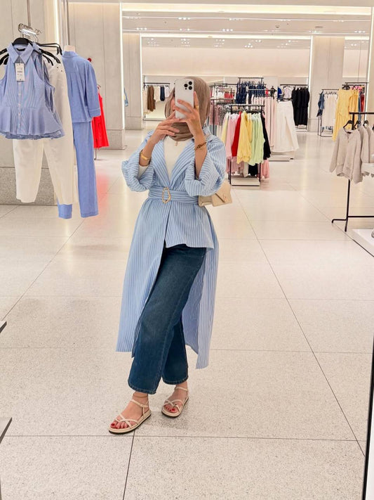 Sky Blue Belted Striped Shirt