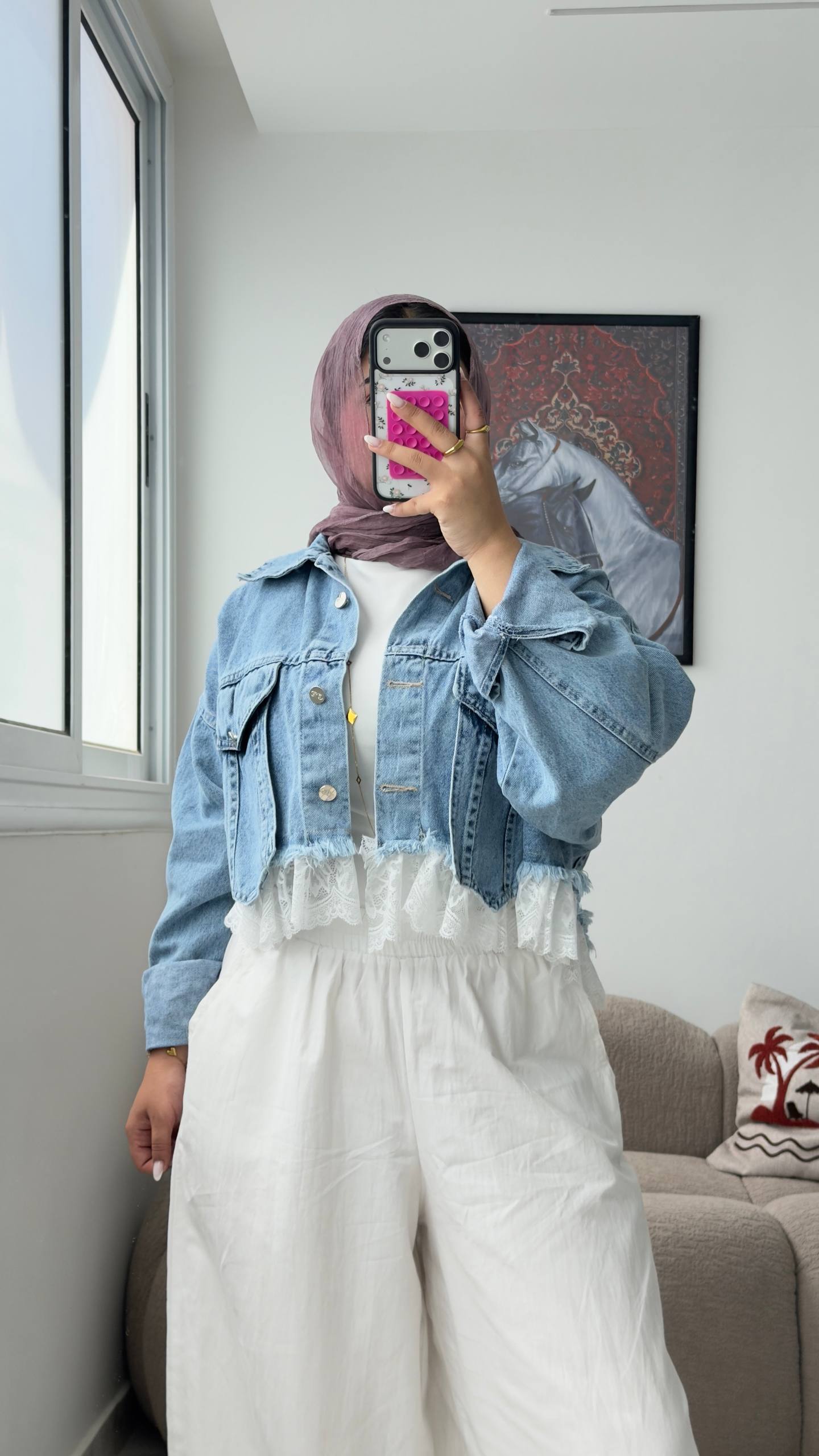 Cropped Denim Jacket with Lace Hem