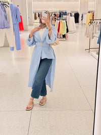 Sky Blue Belted Striped Shirt