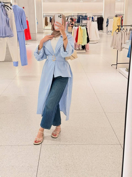 Sky Blue Belted Striped Shirt