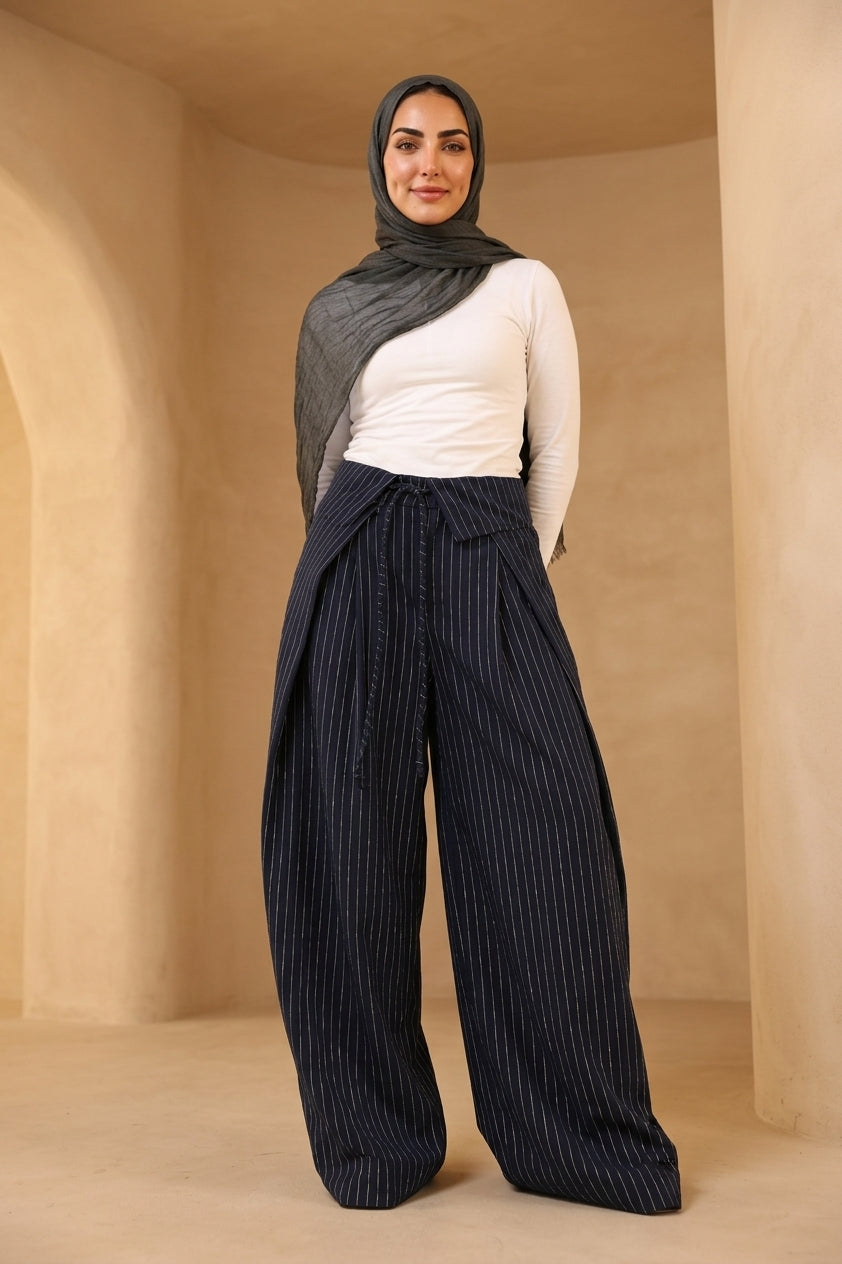 Foldover Pinstripe Pants - Navy Blue