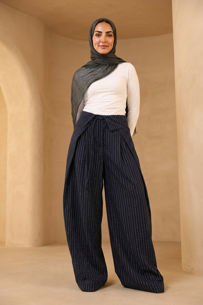 Foldover Pinstripe Pants - Navy Blue