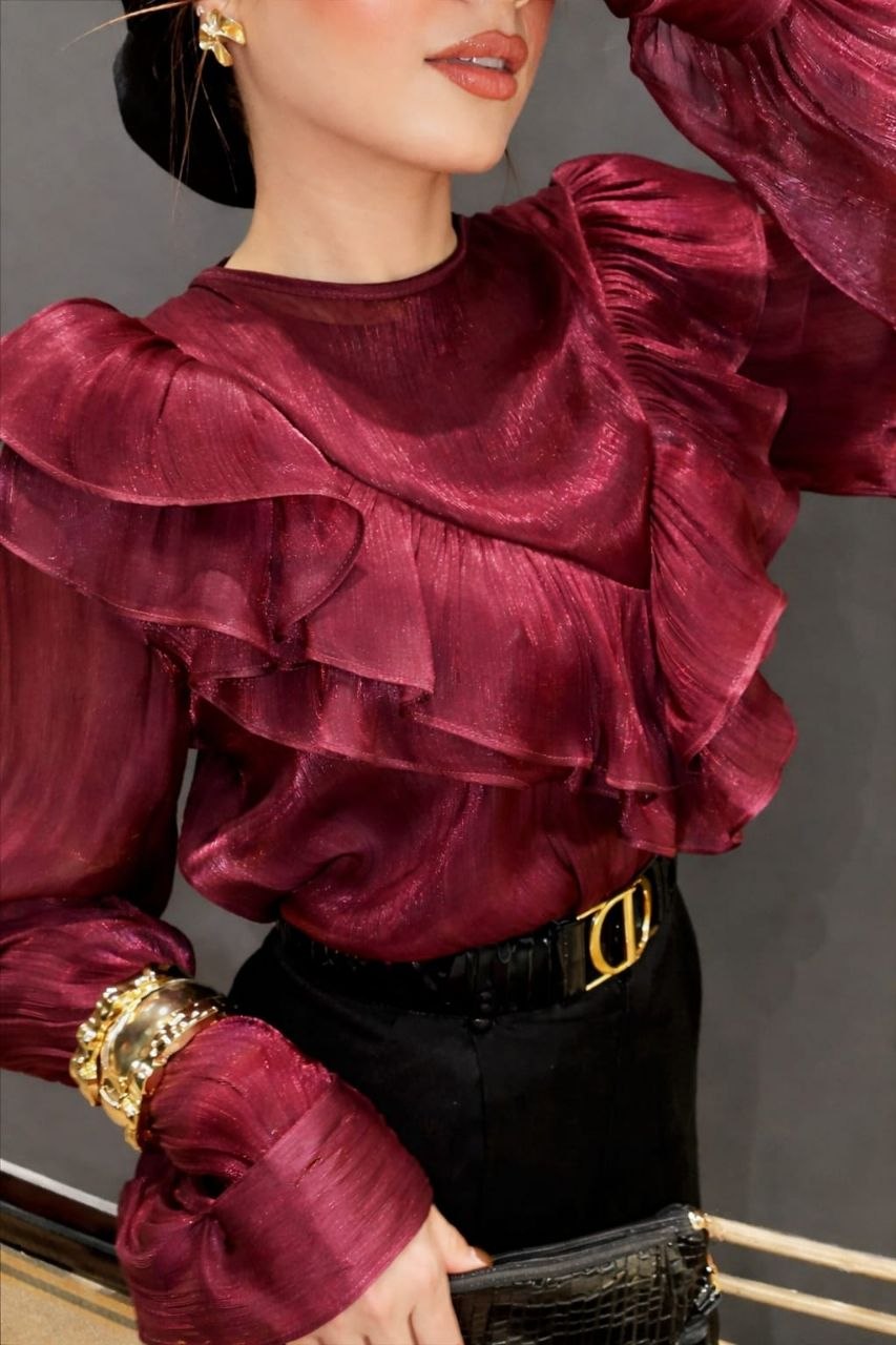 Oversized Crinkle Shimmer Blouse - Burgundy