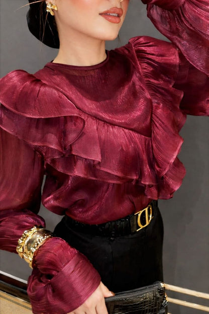 Oversized Crinkle Shimmer Blouse - Burgundy