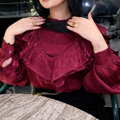 Oversized Crinkle Shimmer Blouse - Burgundy