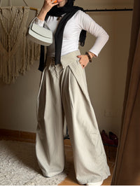 Foldover Pinstripe Pants - Beige