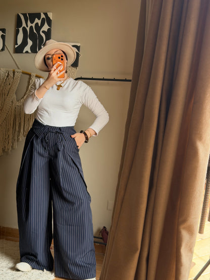 Foldover Pinstripe Pants - Navy Blue