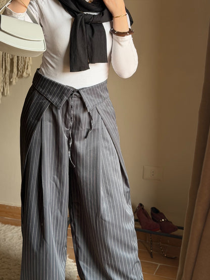 Foldover Pinstripe Pants - Dark Gray