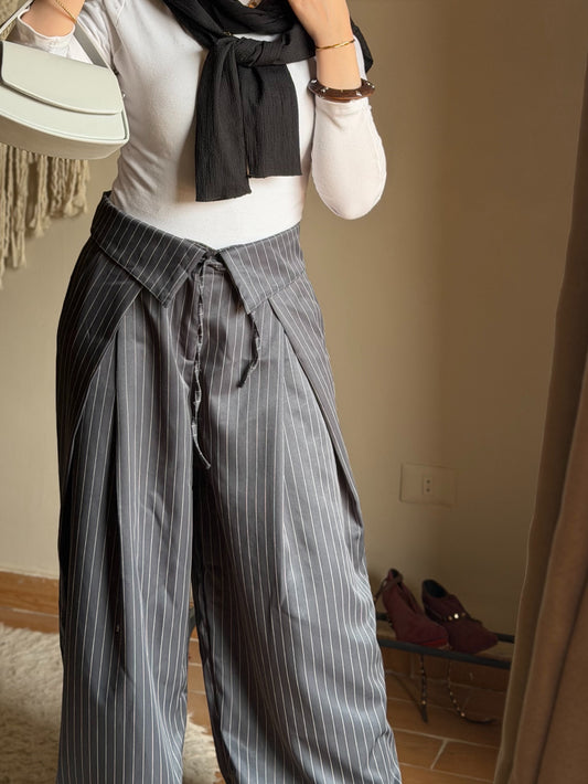 Foldover Pinstripe Pants - Dark Gray