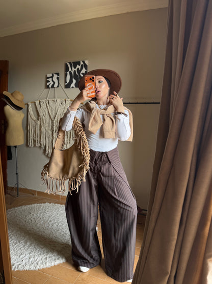 Foldover Pinstripe Pants - Brown