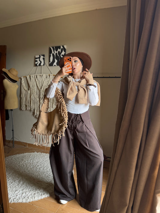 Foldover Pinstripe Pants - Brown