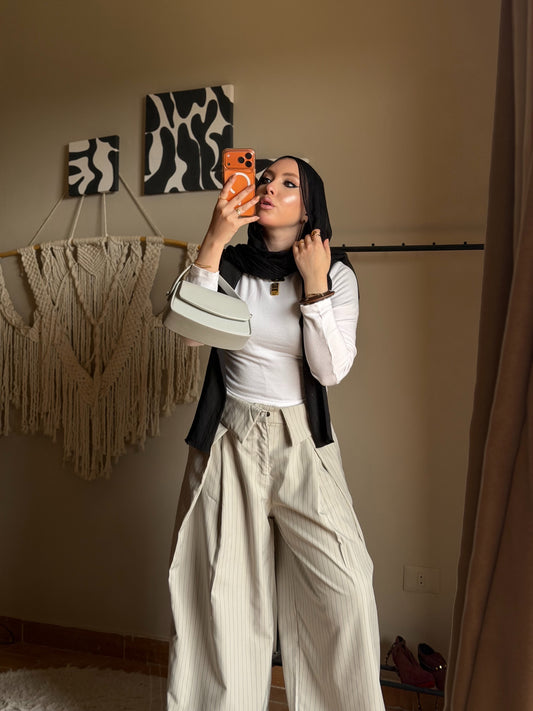 Foldover Pinstripe Pants - Beige