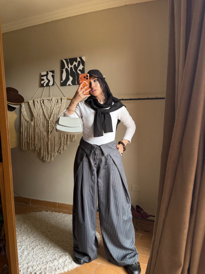 Foldover Pinstripe Pants - Dark Gray