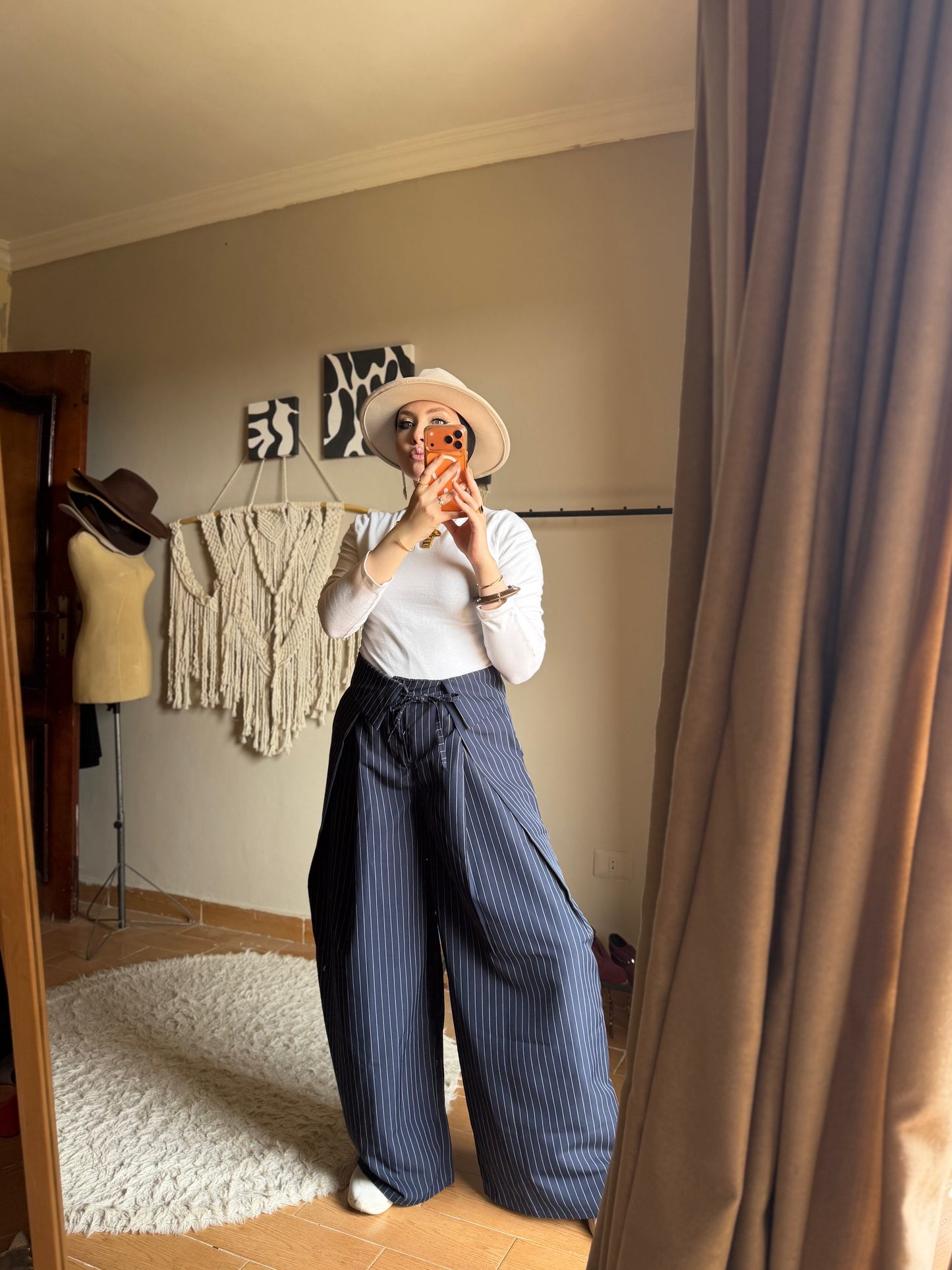 Foldover Pinstripe Pants - Navy Blue