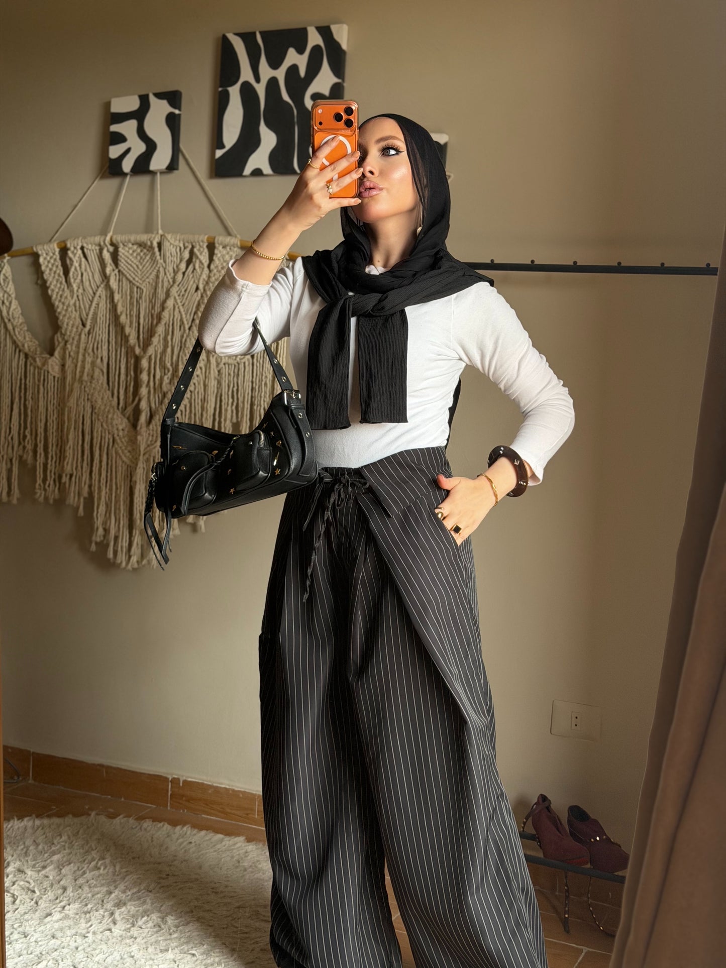 Foldover Pinstripe Pants - Black