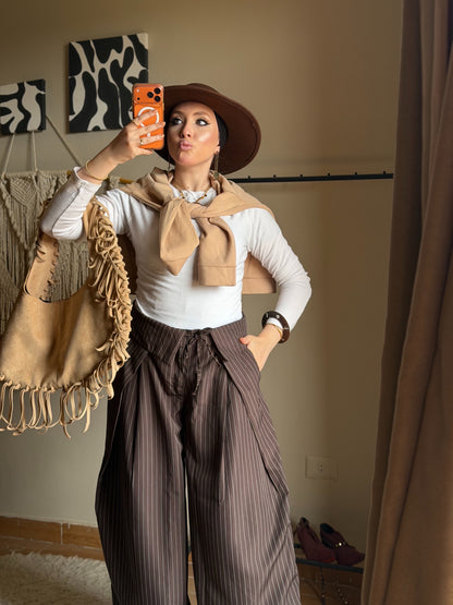 Foldover Pinstripe Pants - Brown
