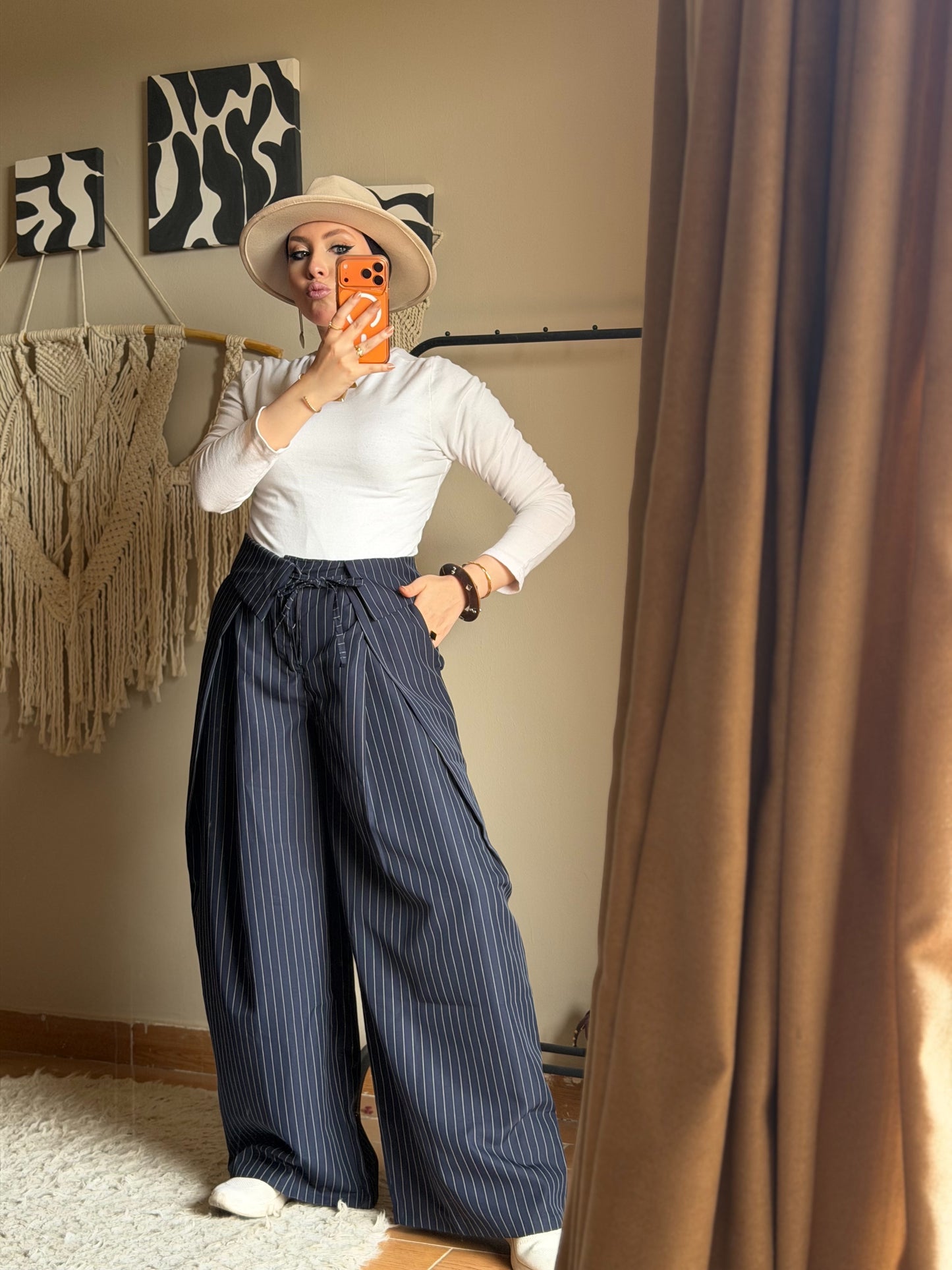 Foldover Pinstripe Pants - Navy Blue