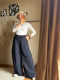 Foldover Pinstripe Pants - Navy Blue