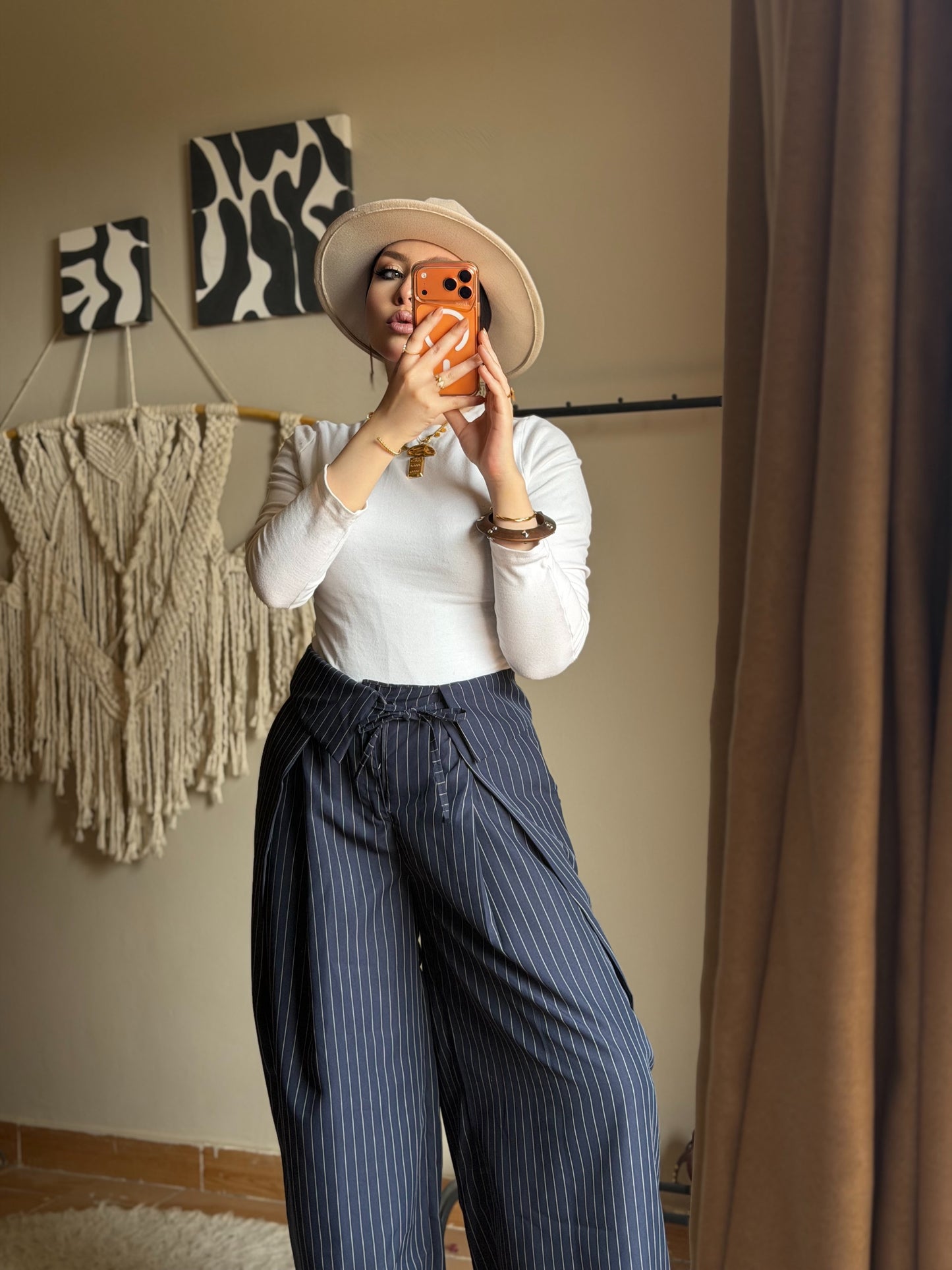 Foldover Pinstripe Pants - Navy Blue