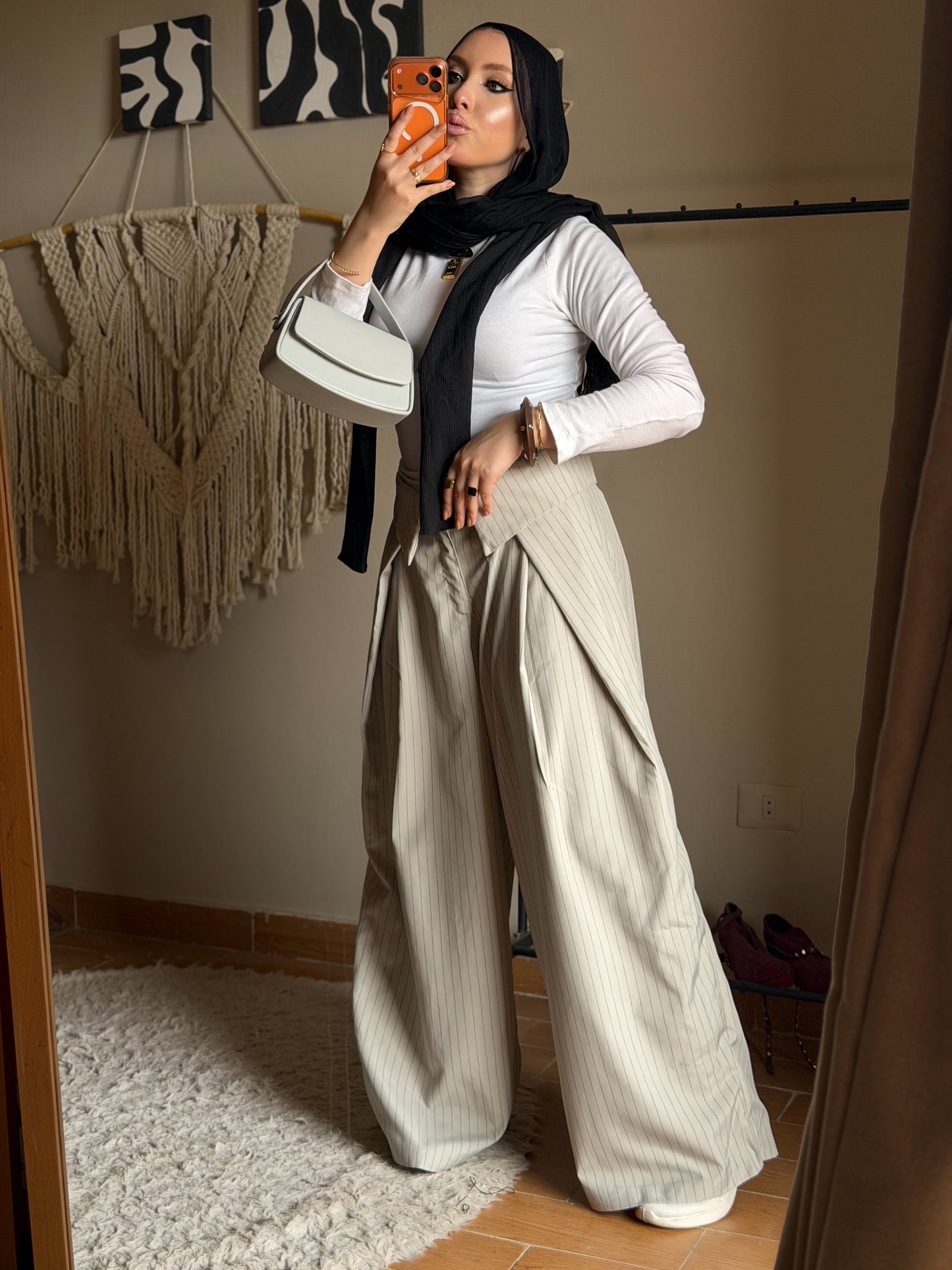 Foldover Pinstripe Pants - Beige