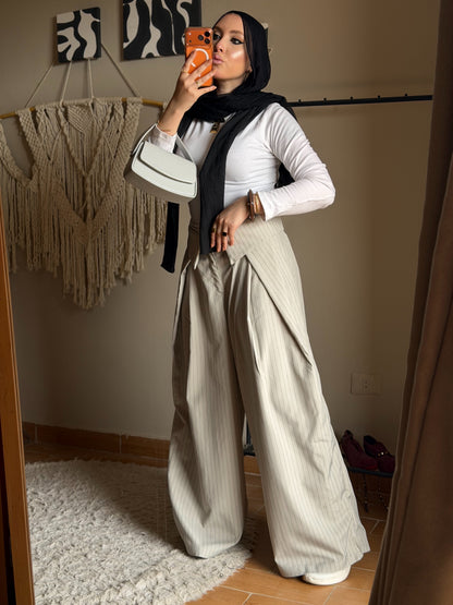 Foldover Pinstripe Pants - Beige