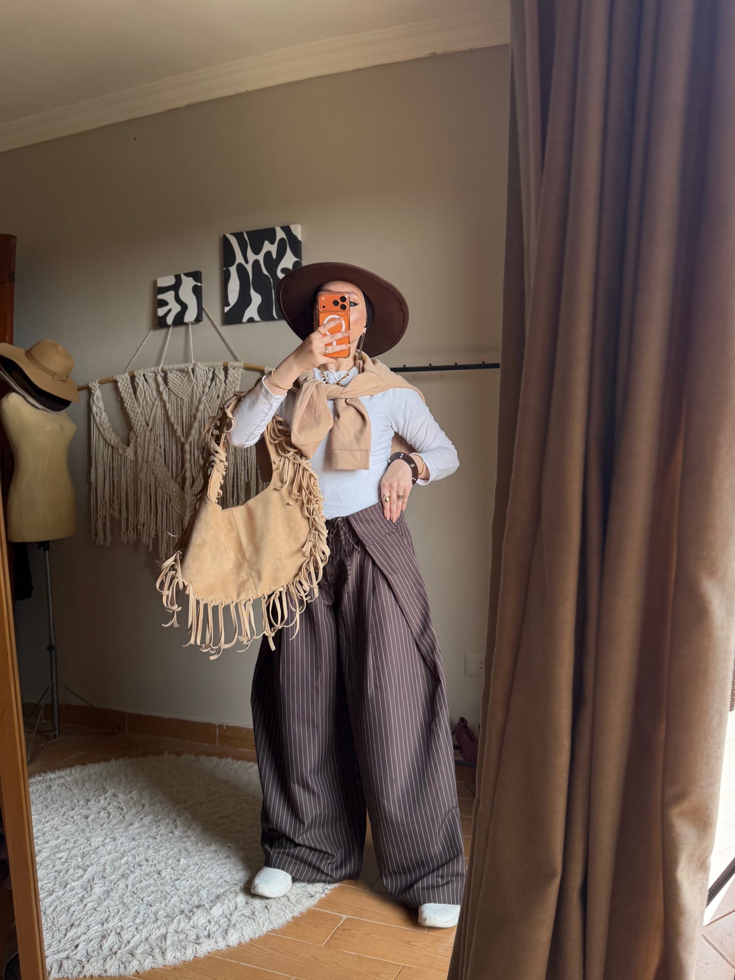 Foldover Pinstripe Pants - Brown