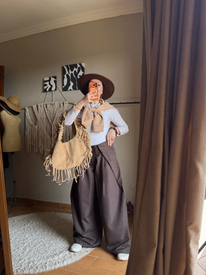 Foldover Pinstripe Pants - Brown