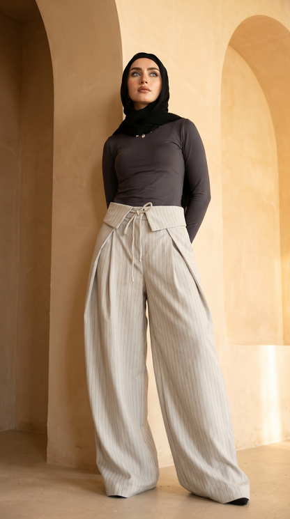 Foldover Pinstripe Pants - Beige