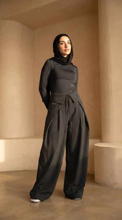 Foldover Pinstripe Pants - Black
