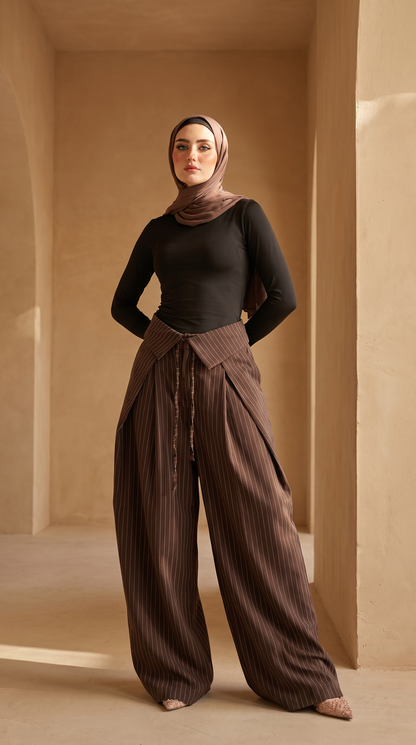 Foldover Pinstripe Pants - Brown